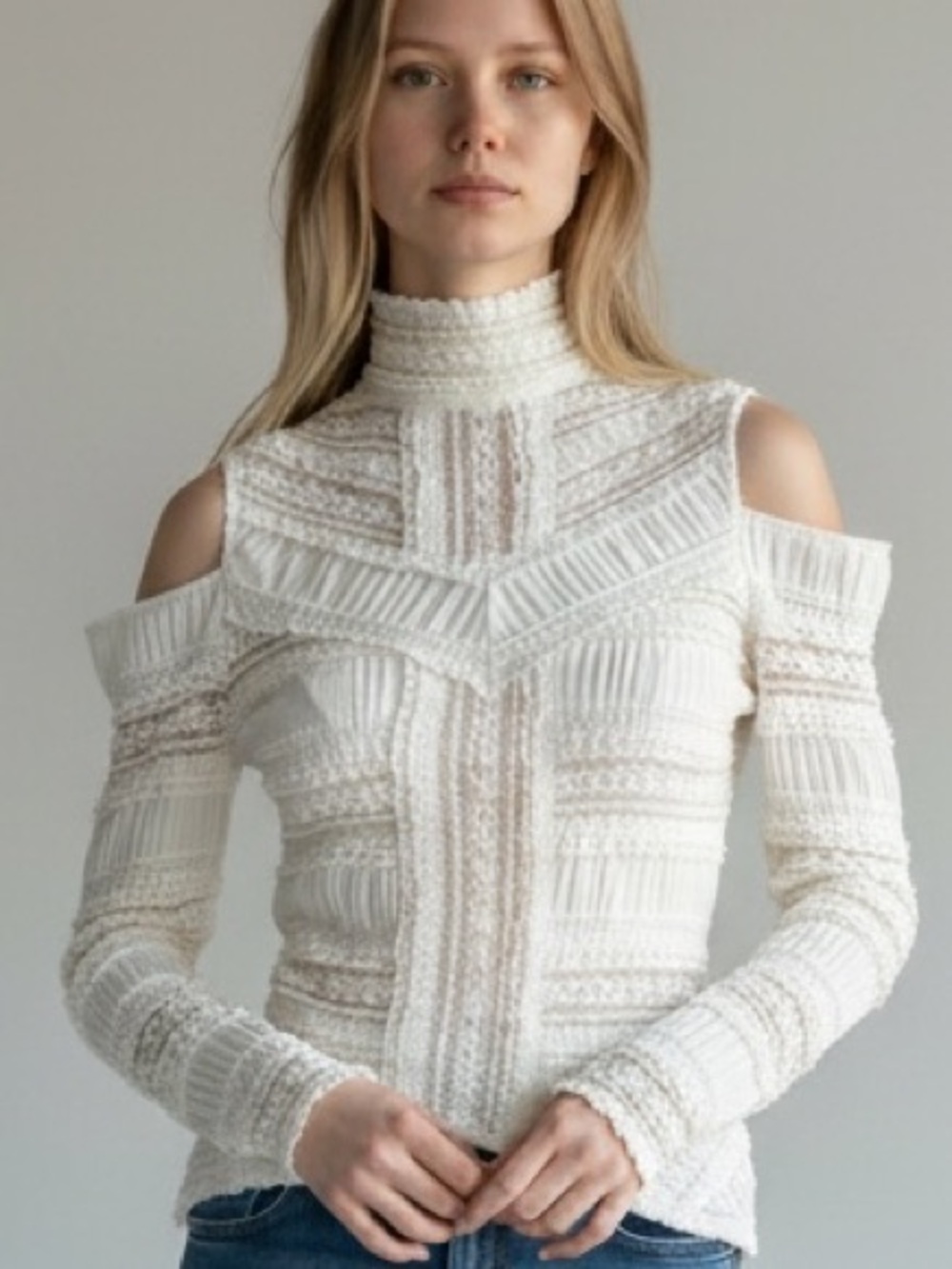 Cinq à Sept Ivory Solene Lace Cold Shoulder Mock Neck Top Size S Cotton Blend